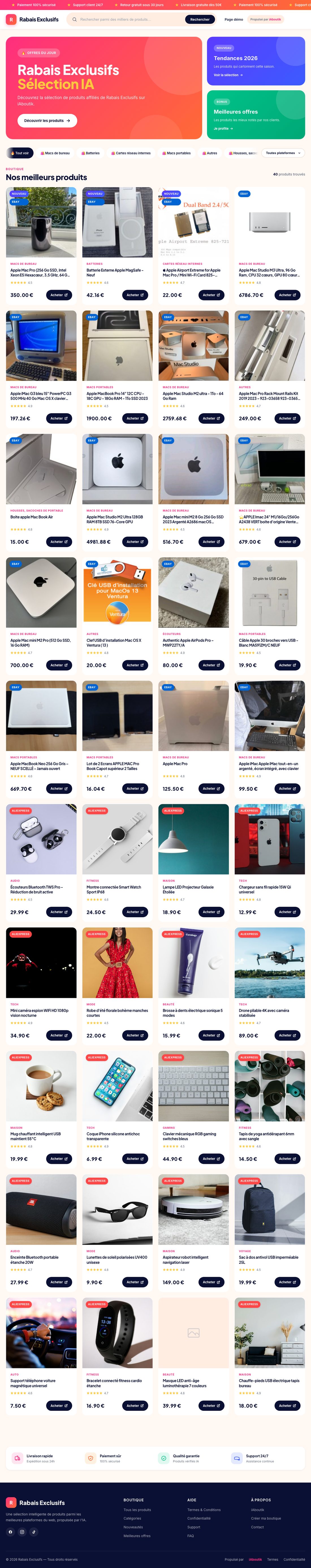 Page complète d’une vraie boutique iAboutik, de l’en-tête jusqu’au bas de page