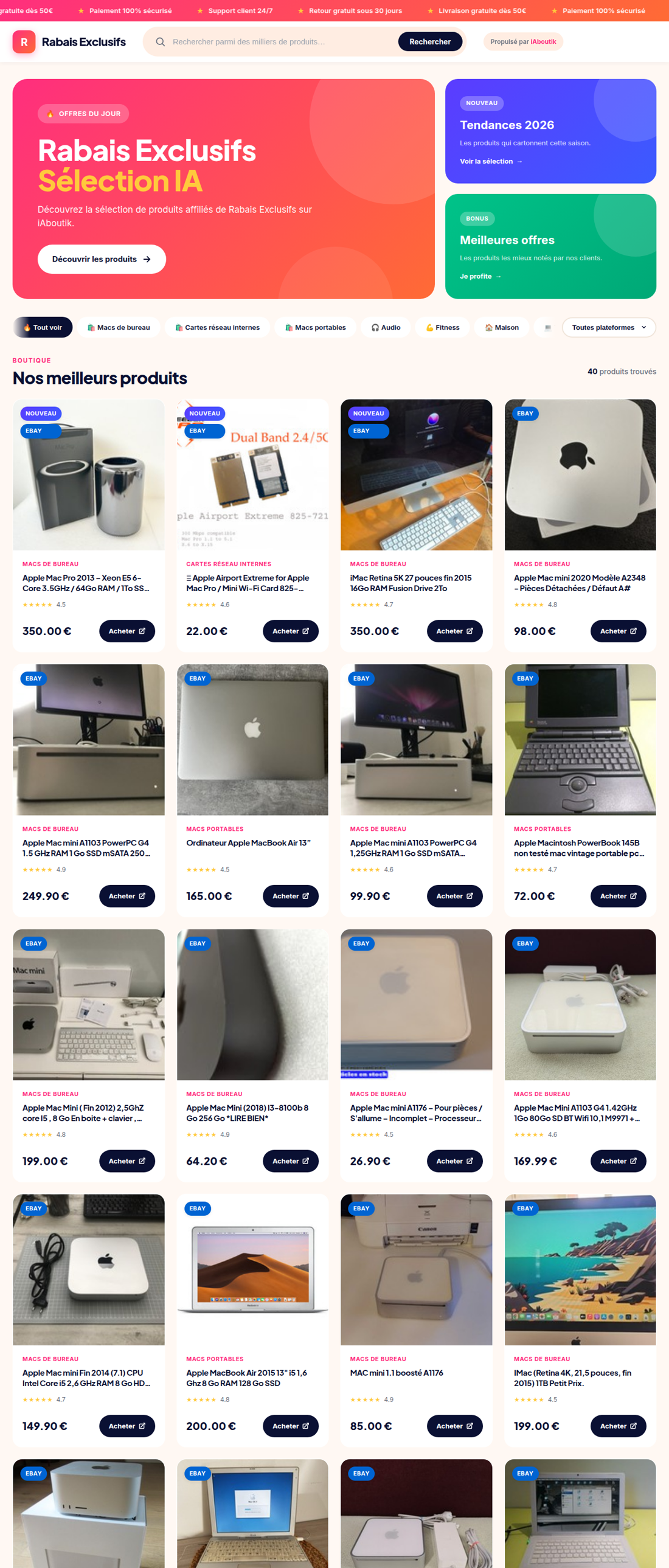 Aperçu de la boutique iAboutik Rabais Exclusifs avec produits affiliés