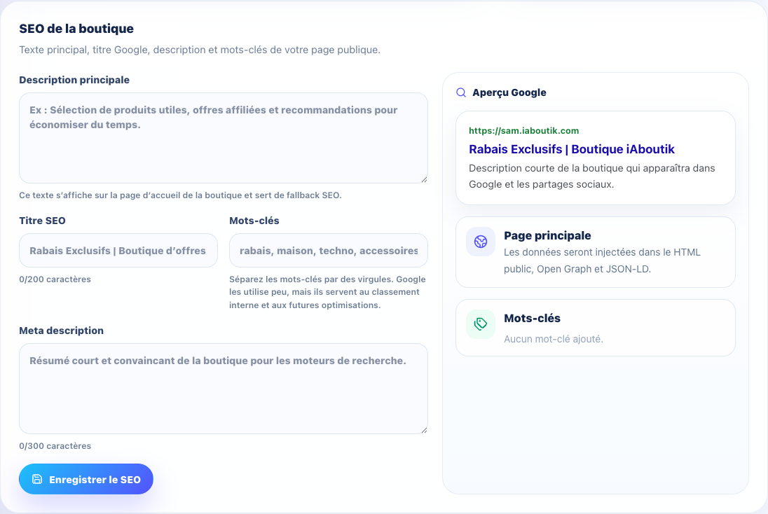 Aperçu des réglages SEO d’une boutique iAboutik avec titre Google, méta description, mots-clés et aperçu de recherche