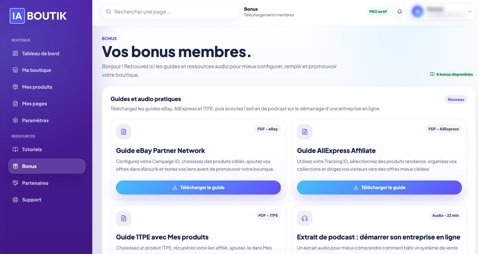 Espace membre iAboutik : page des bonus avec les guides eBay, AliExpress, 1TPE et le balado