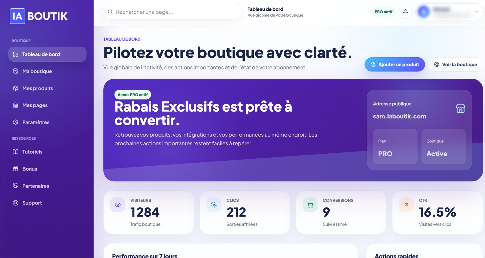 Tableau de bord iAboutik avec les statistiques de visites, de clics et de conversions