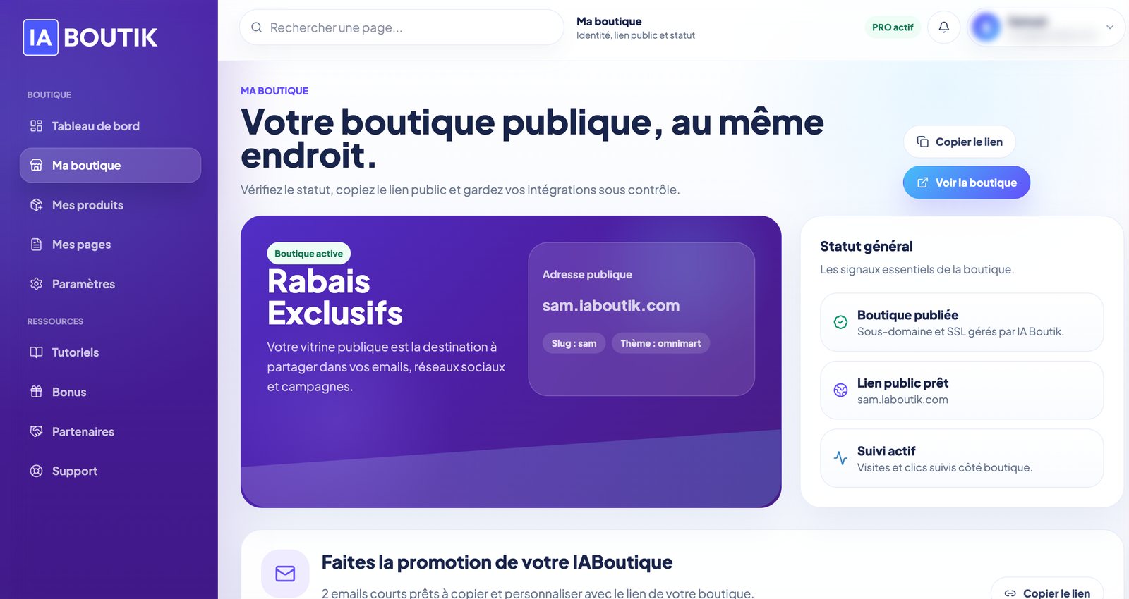 Espace membre iAboutik : page Ma boutique avec l’adresse publique et le statut