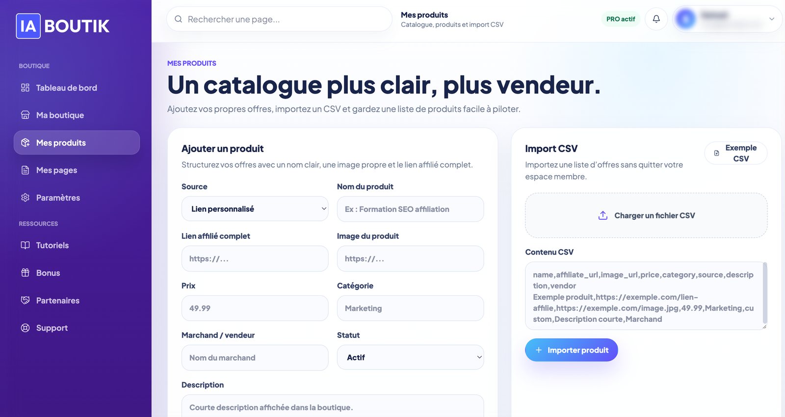 Espace membre iAboutik : ajout d’un produit et import CSV